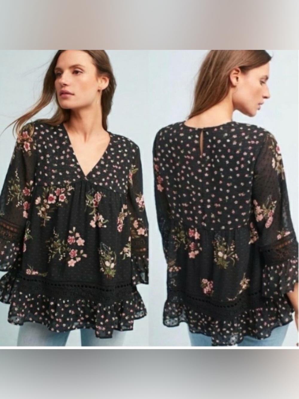 Anthropologie Maeve Steffy Blouse XS Black Floral Babydoll Lace Bell Sleeve